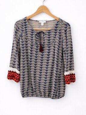 Kenar Boho Print Blouse Medium Chevron Tassel Tie 3/4 Sleeve Viscose